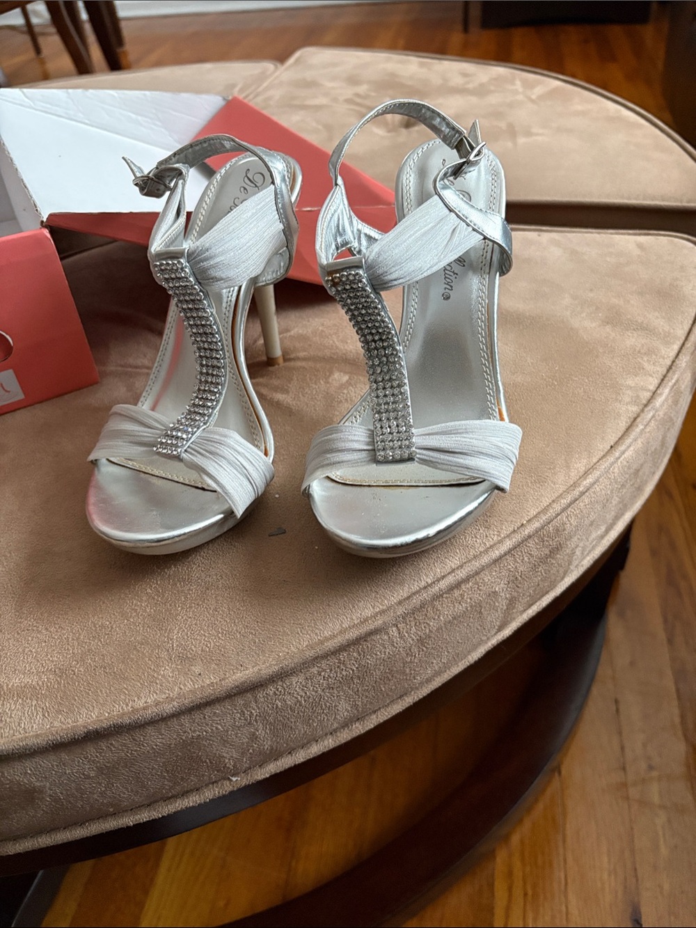 De Blossom Collection Silver T-Strap Rhinestone Heels